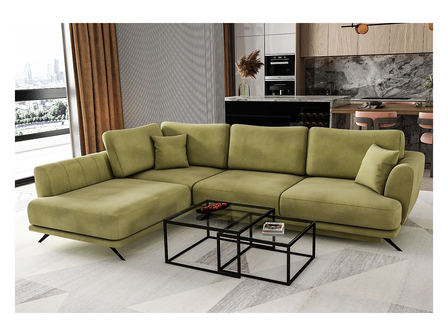Canapé convertible angle gauche tissu vert kaki Savary 280cm