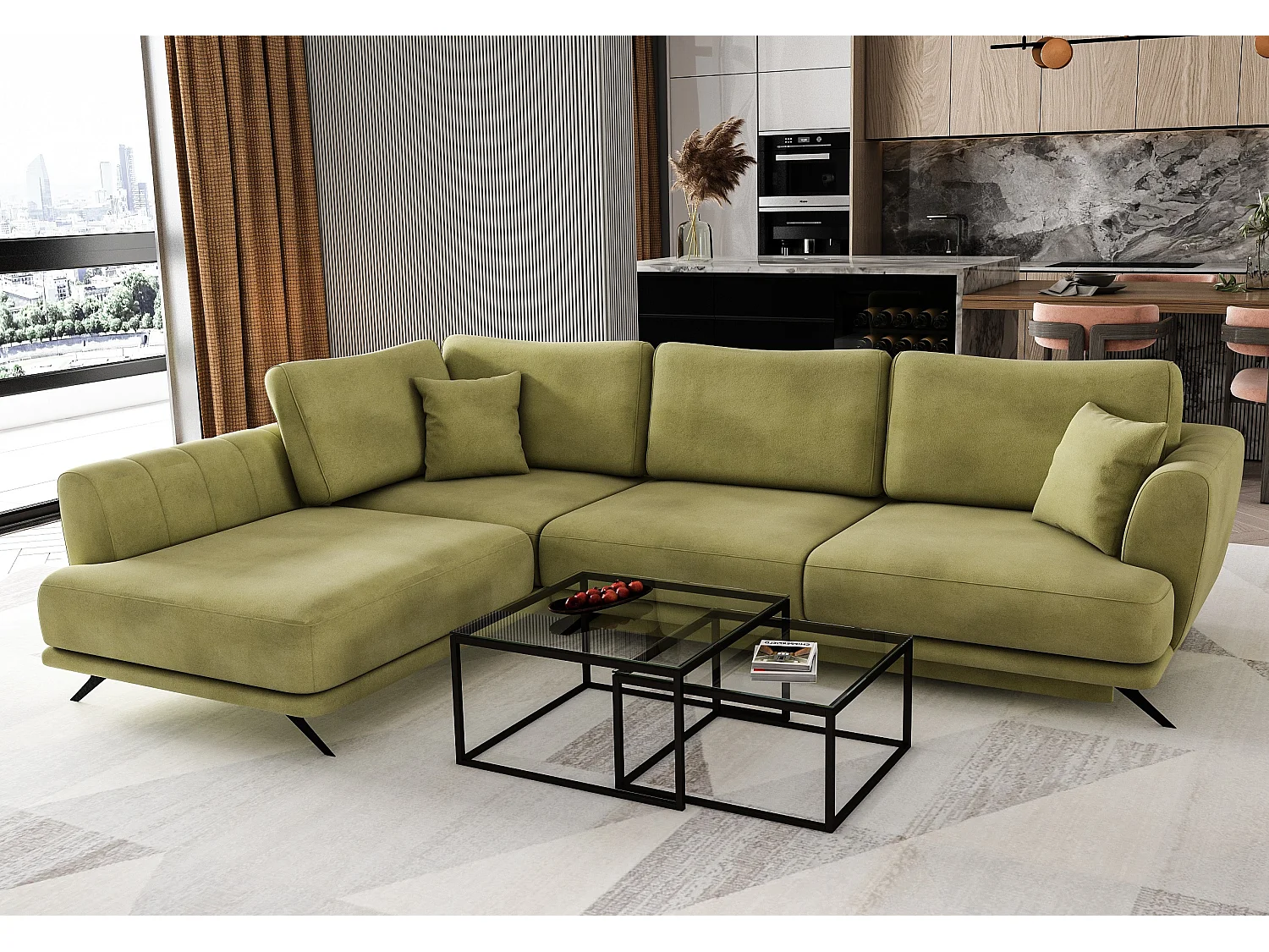 Canapé convertible angle gauche tissu vert kaki Savary 280cm