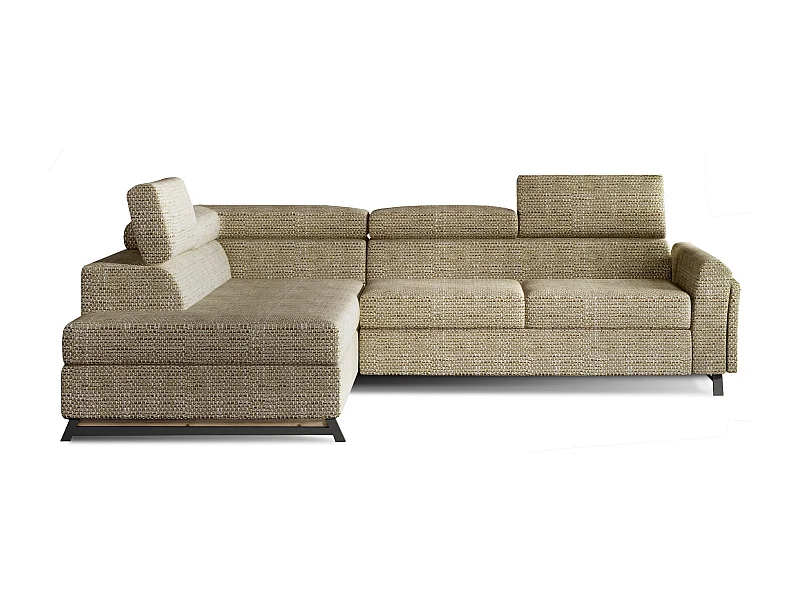 Canapé angle gauche convertible tissu beige chiné avec têtières réglables Nikos 265cm