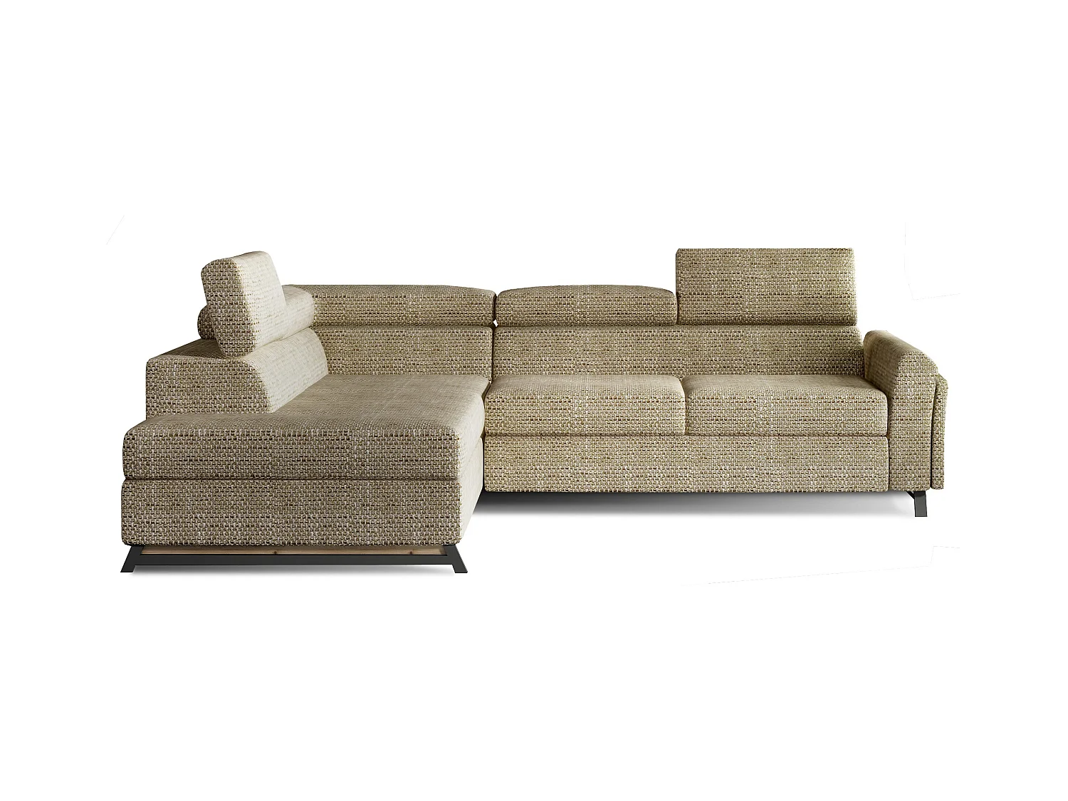 Canapé angle gauche convertible tissu beige chiné avec têtières réglables Nikos 265cm