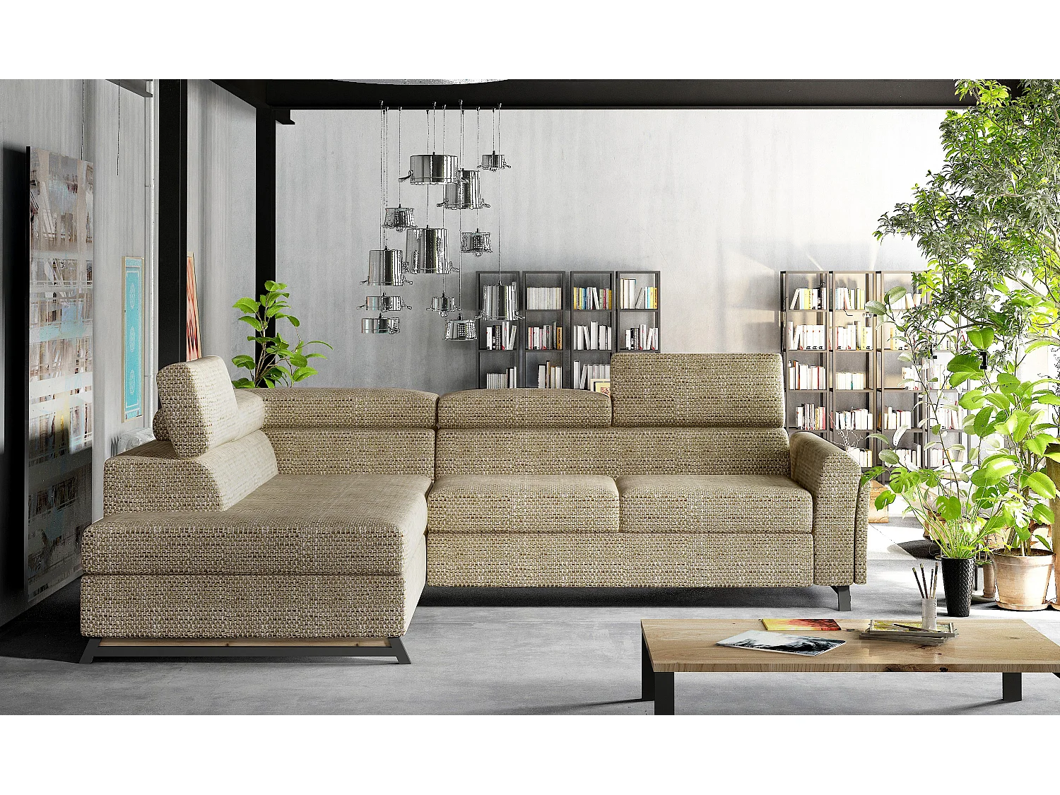 Canapé angle gauche convertible tissu beige chiné avec têtières réglables Nikos 265cm