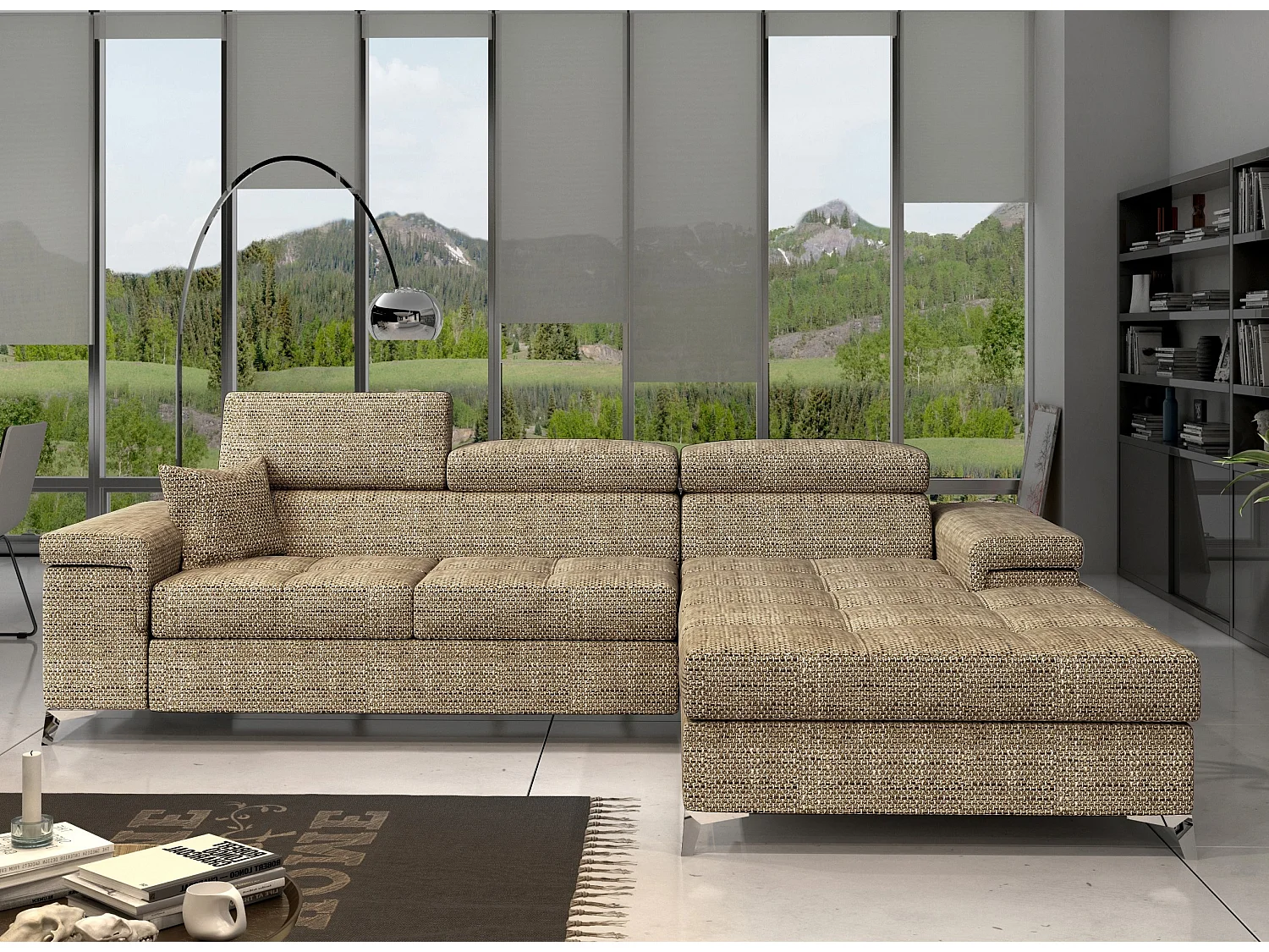 Converteerbare stoffen hoekbank met verstelbare hoofdsteunen Rikaro 280 cm-Kleur Heidebeige-juiste hoek