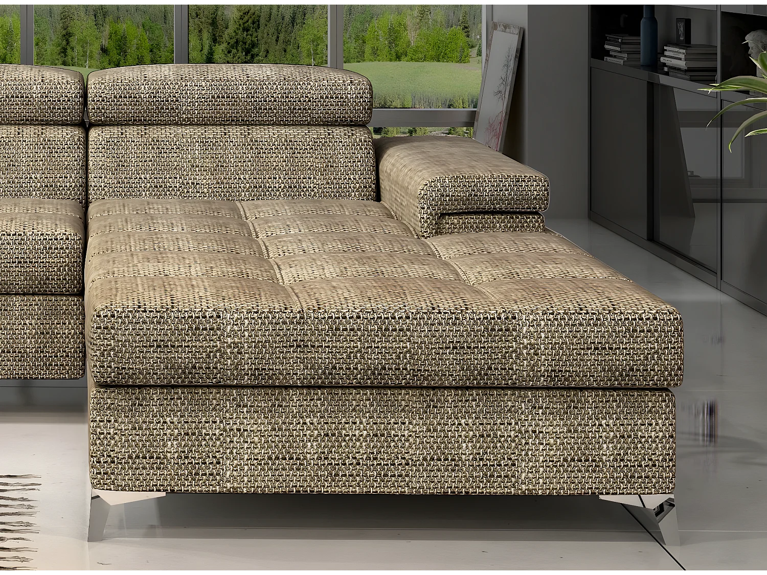 Canapé angle droit convertible tissu beige chiné avec appuis-tête réglables Rikaro 280cm