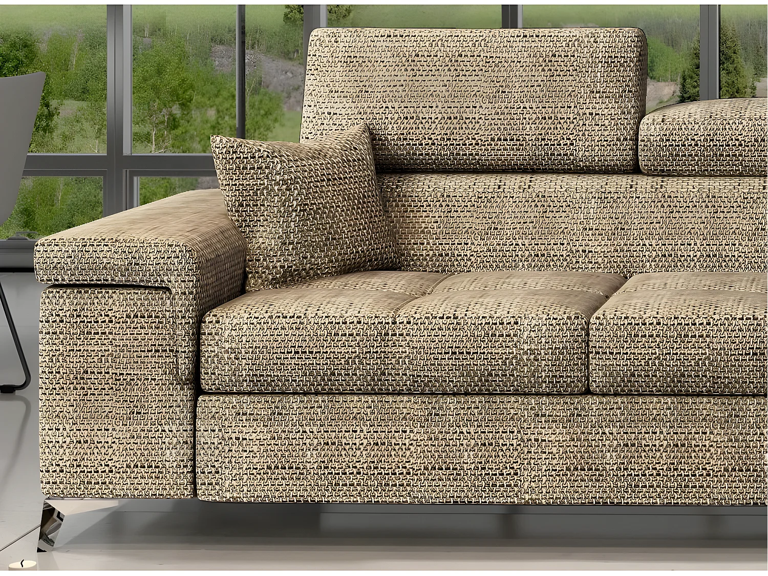 Canapé angle droit convertible tissu beige chiné avec appuis-tête réglables Rikaro 280cm