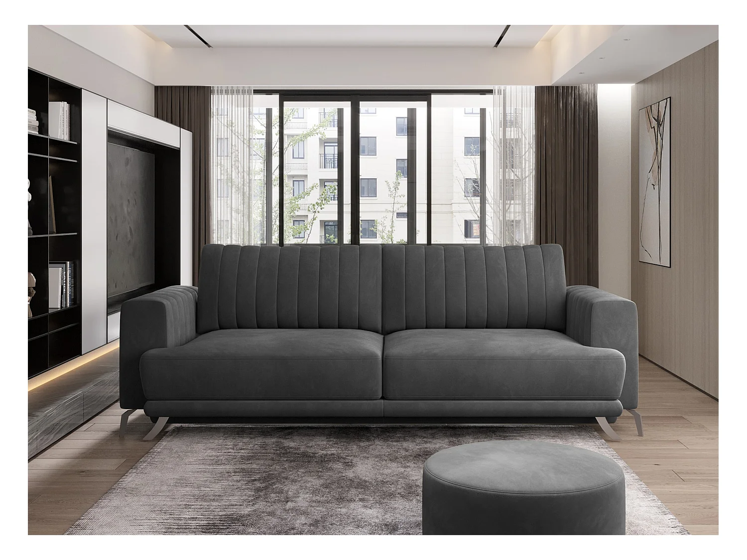 Canapé convertible design 3-4 places tissu doux gris et pieds acier chromé Eliza 250cm