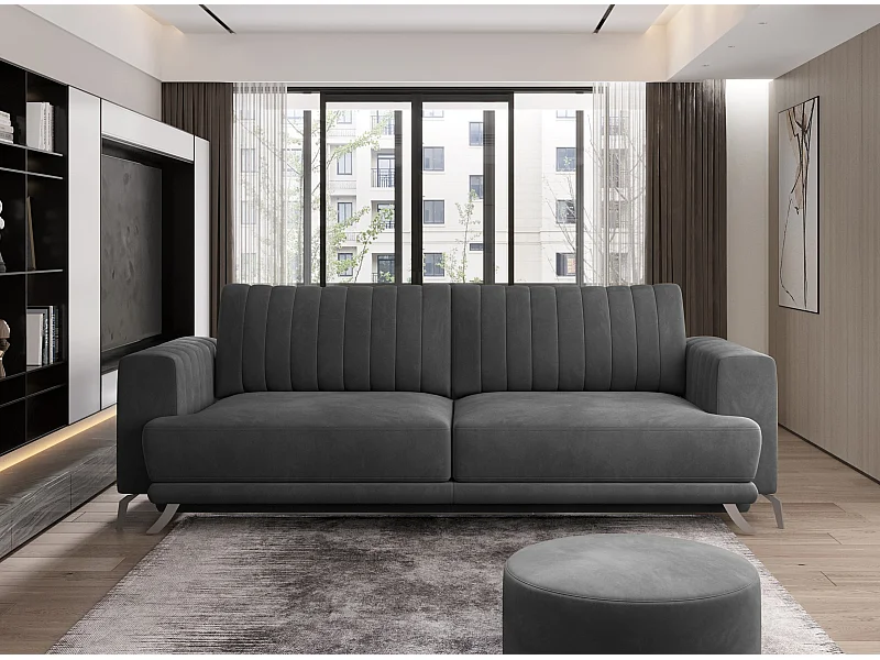 Canapé convertible design 3-4 places tissu doux gris et pieds acier chromé Eliza 250cm