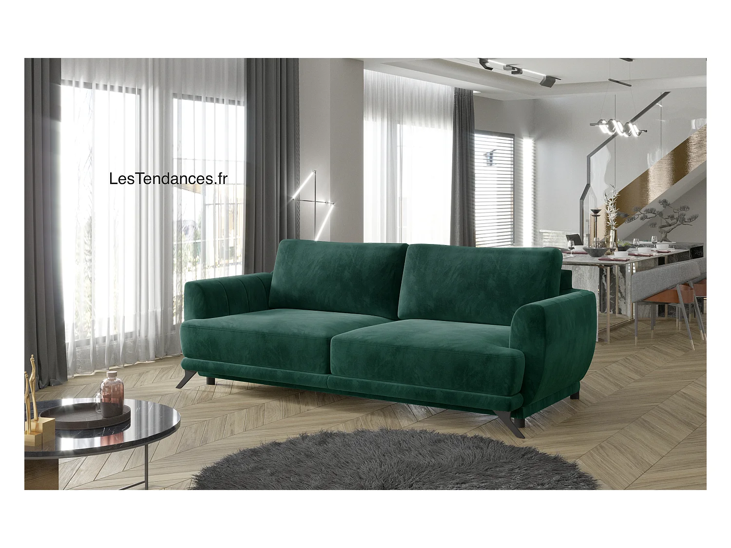 Canapé convertible 3-4 places velours bleu de Berlin et pieds métal noir Zora 250cm