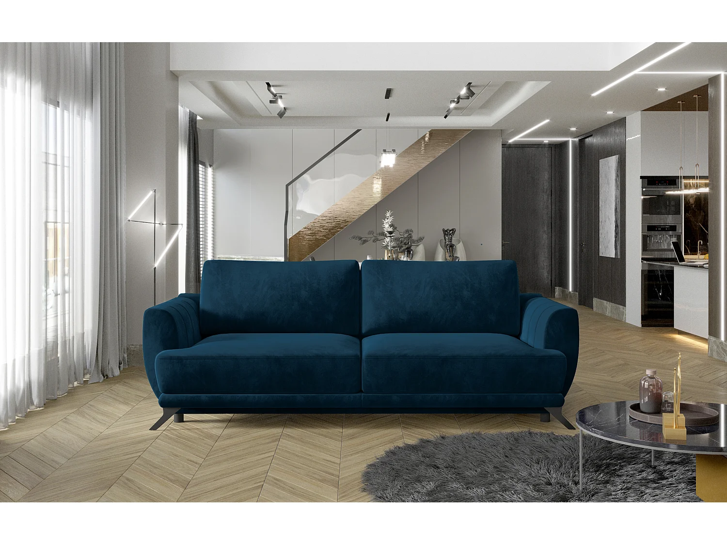 Canapé convertible 3-4 places velours bleu de Berlin et pieds métal noir Zora 250cm