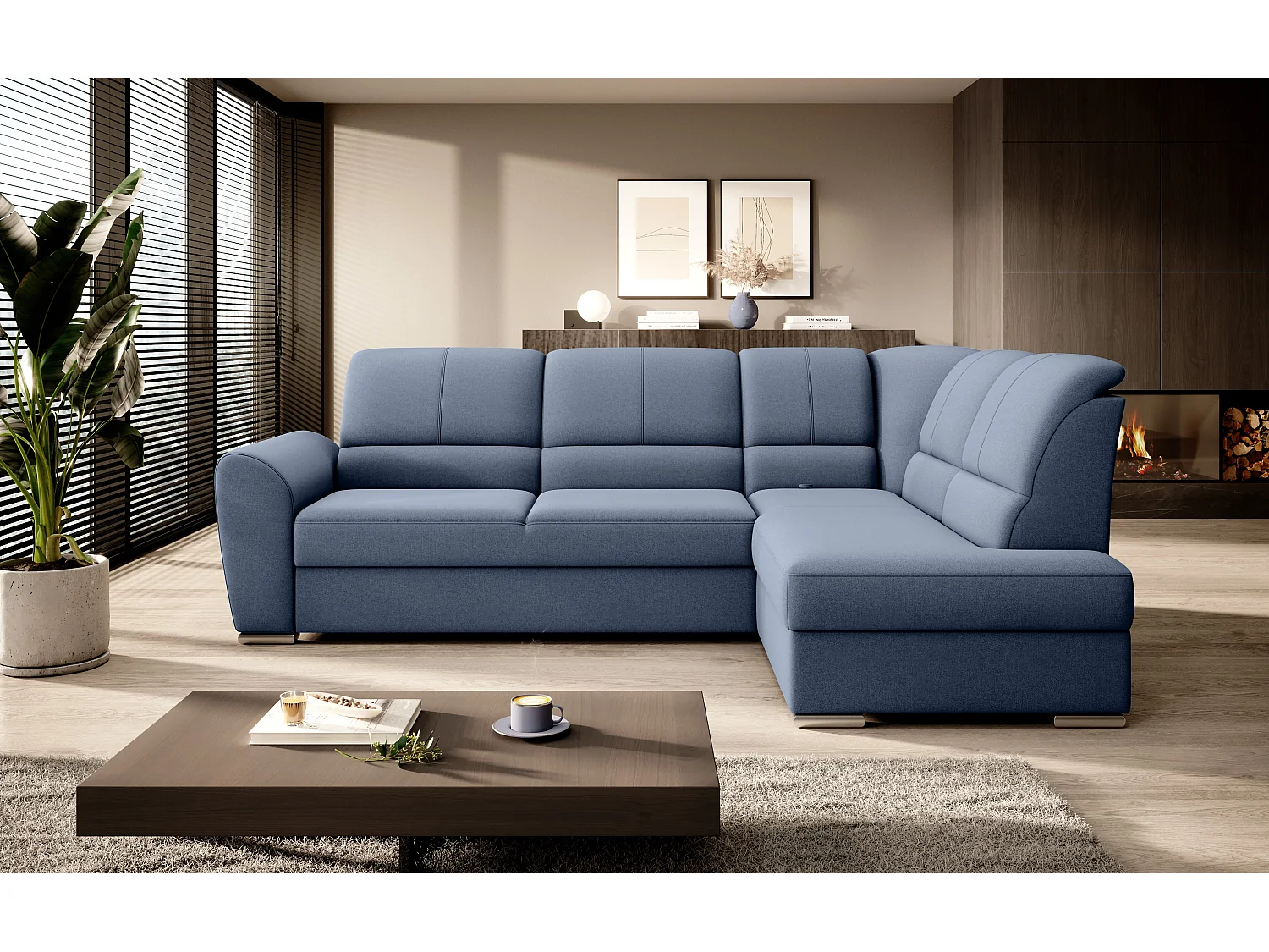 Canapé angle droit convertible tissu bleu et pieds acier chromé Zabor 270cm