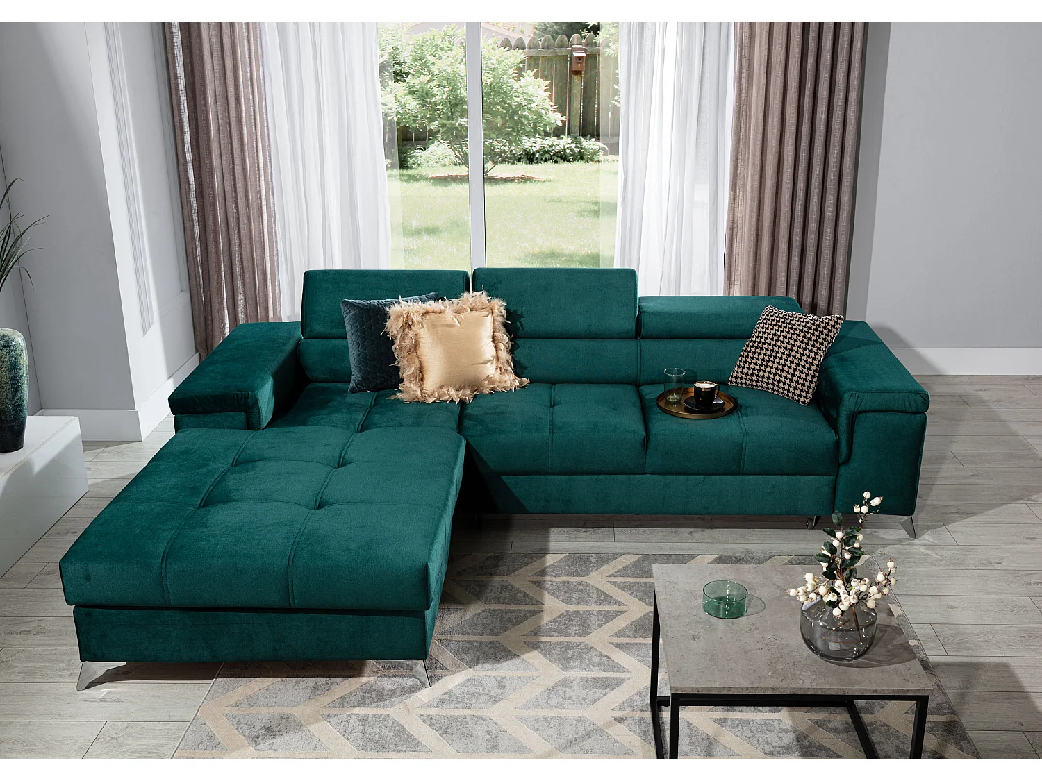 Canapé angle gauche convertible tissu rose clair avec appuis-tête réglables Rikaro 280cm