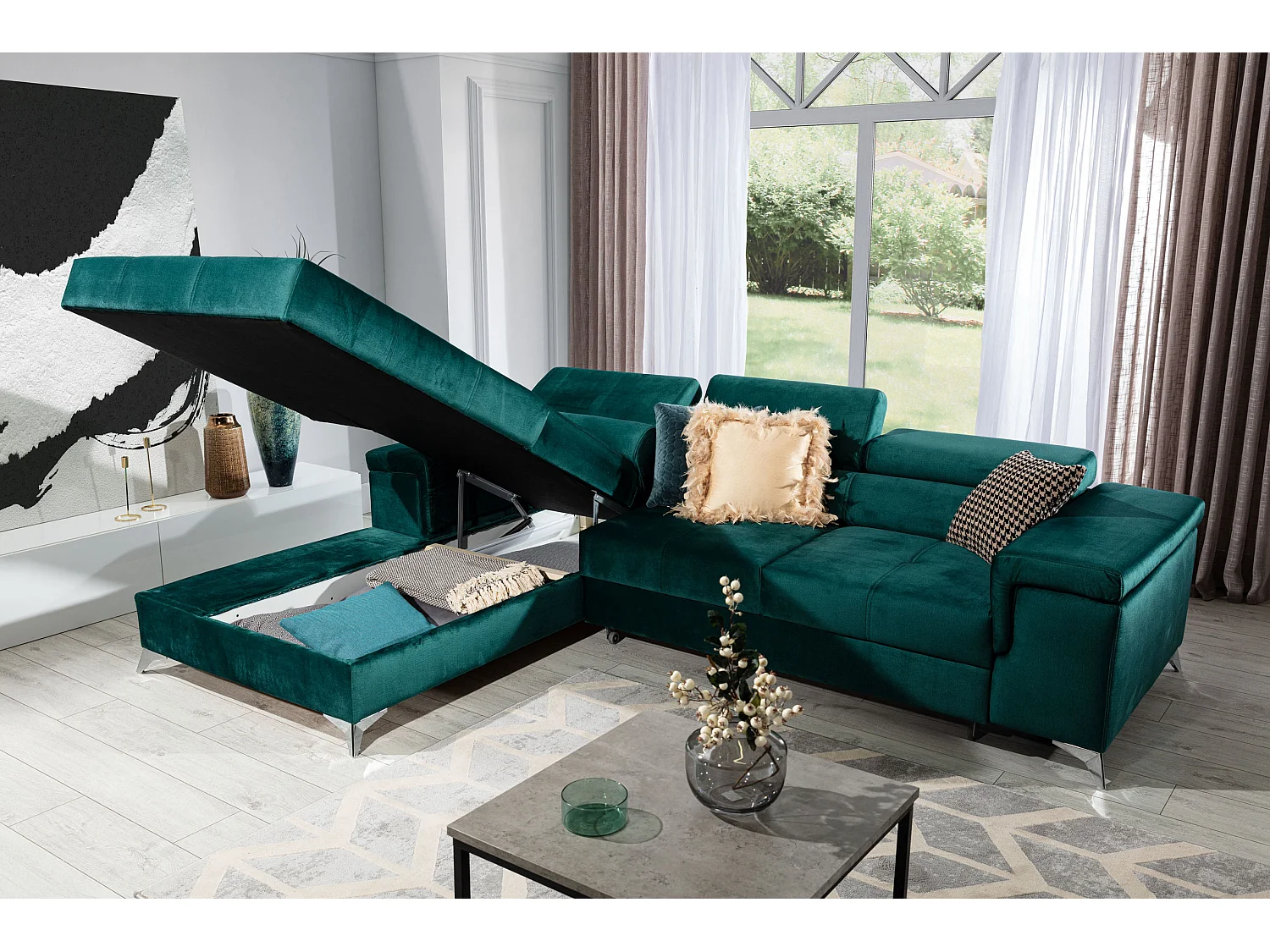 Canapé angle gauche convertible tissu rose clair avec appuis-tête réglables Rikaro 280cm