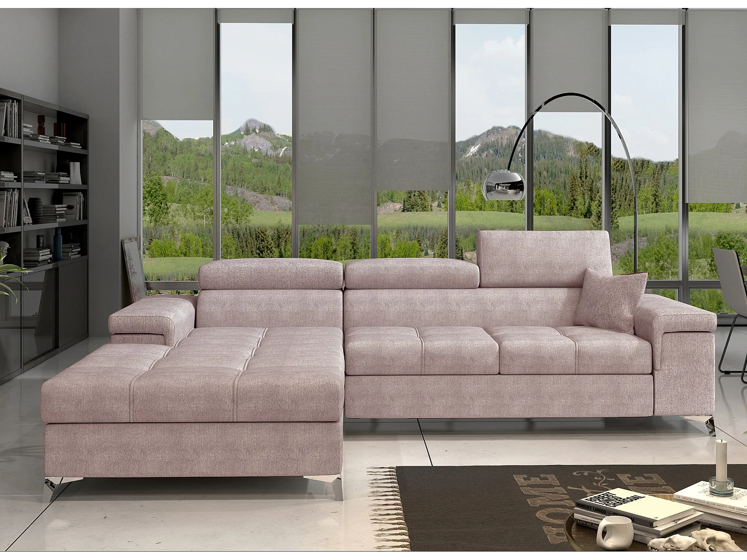 Canapé angle gauche convertible tissu rose clair avec appuis-tête réglables Rikaro 280cm