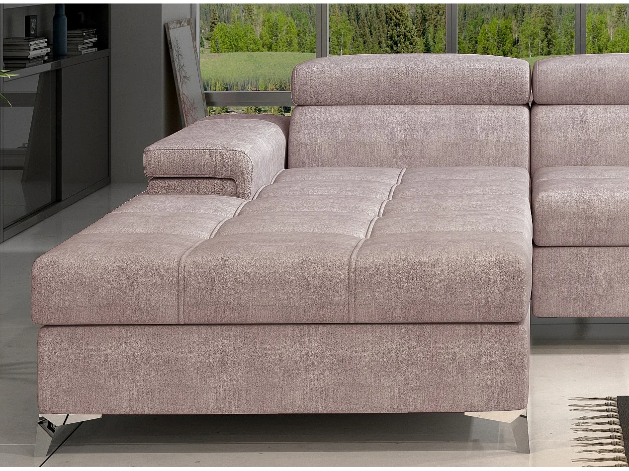 Canapé angle gauche convertible tissu rose clair avec appuis-tête réglables Rikaro 280cm