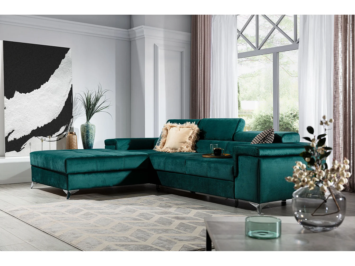 Canapé angle gauche convertible tissu rose clair avec appuis-tête réglables Rikaro 280cm