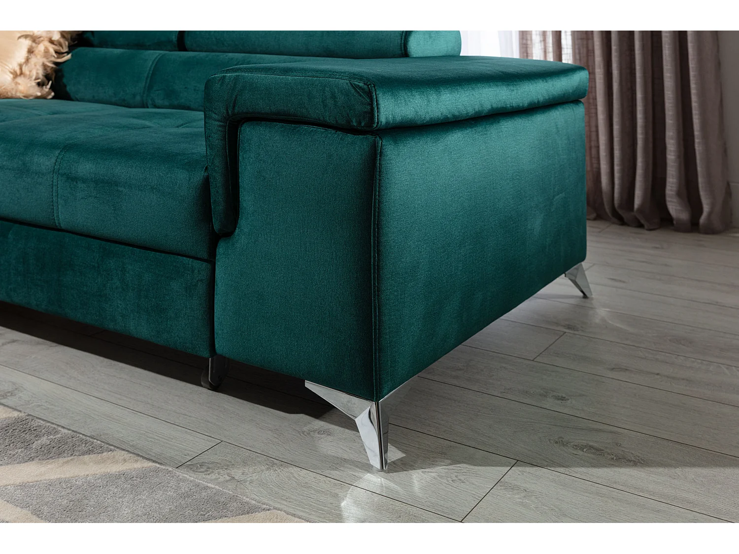 Canapé angle gauche convertible tissu rose clair avec appuis-tête réglables Rikaro 280cm