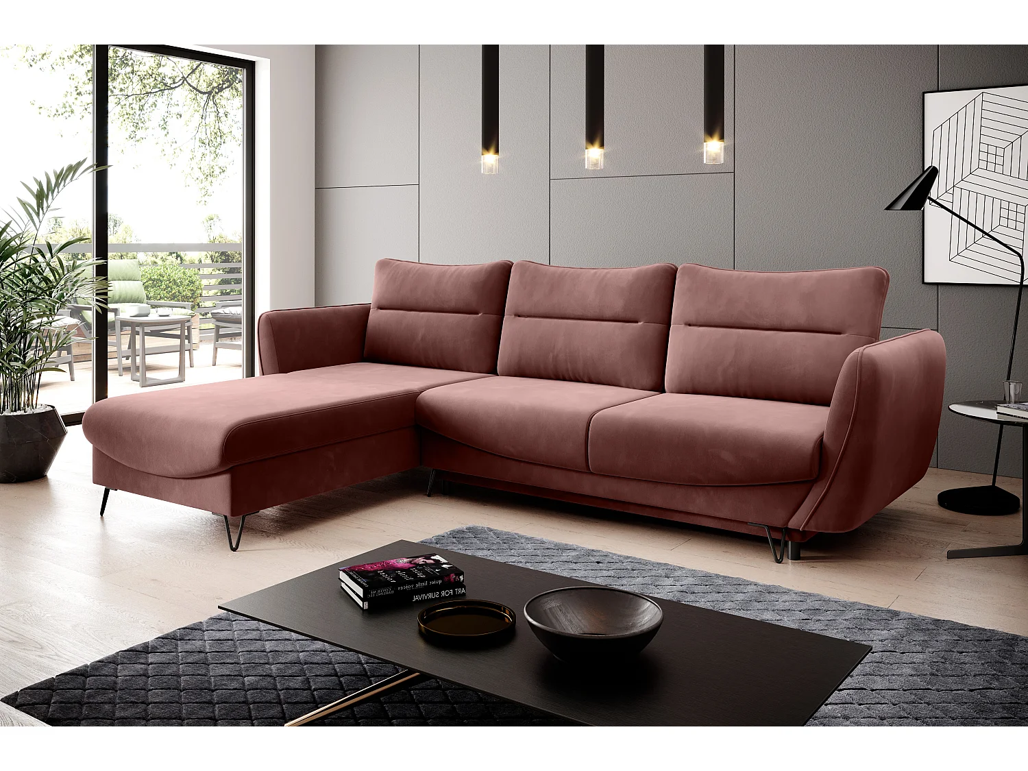 Canapé d'angle gauche convertible tissu rouille Zurik 276cm