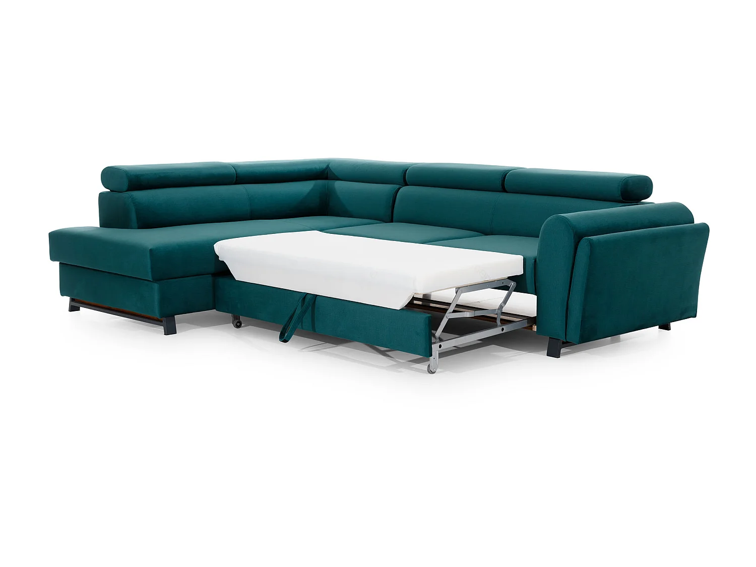 Canapé angle gauche convertible tissu noir avec têtières réglables Nikos 265cm