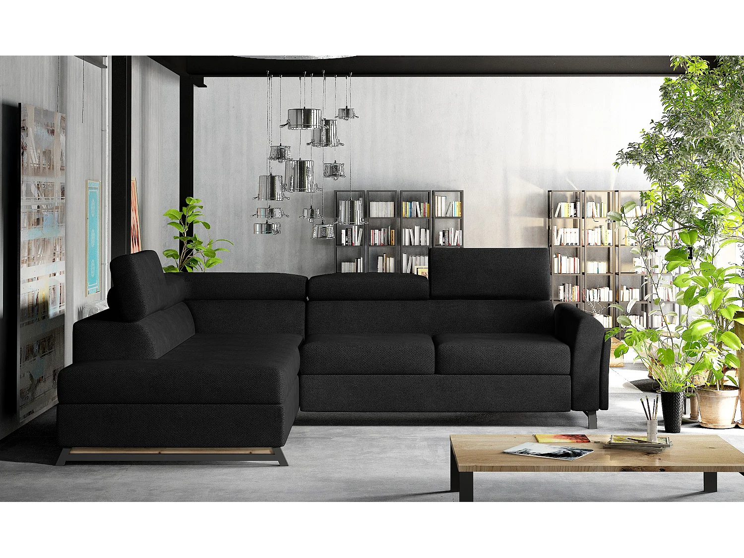 Canapé angle gauche convertible tissu noir avec têtières réglables Nikos 265cm