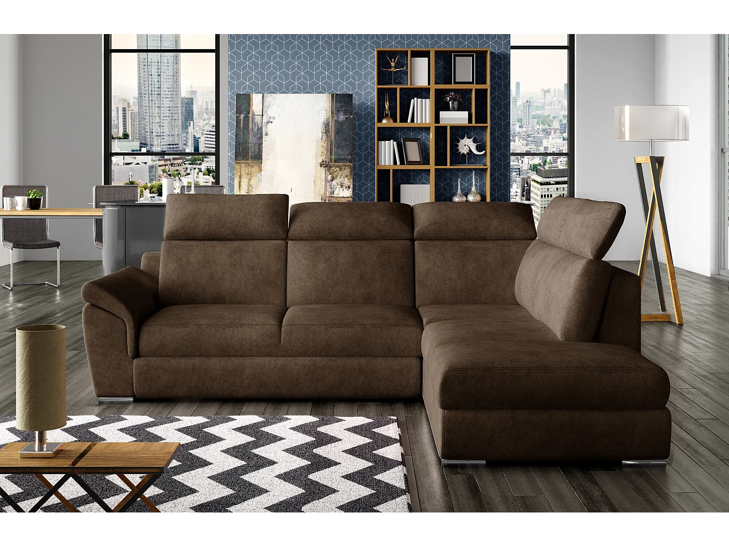 Canapé angle droit convertible tissu marron avec appuis-tête réglables Kepita 260cm