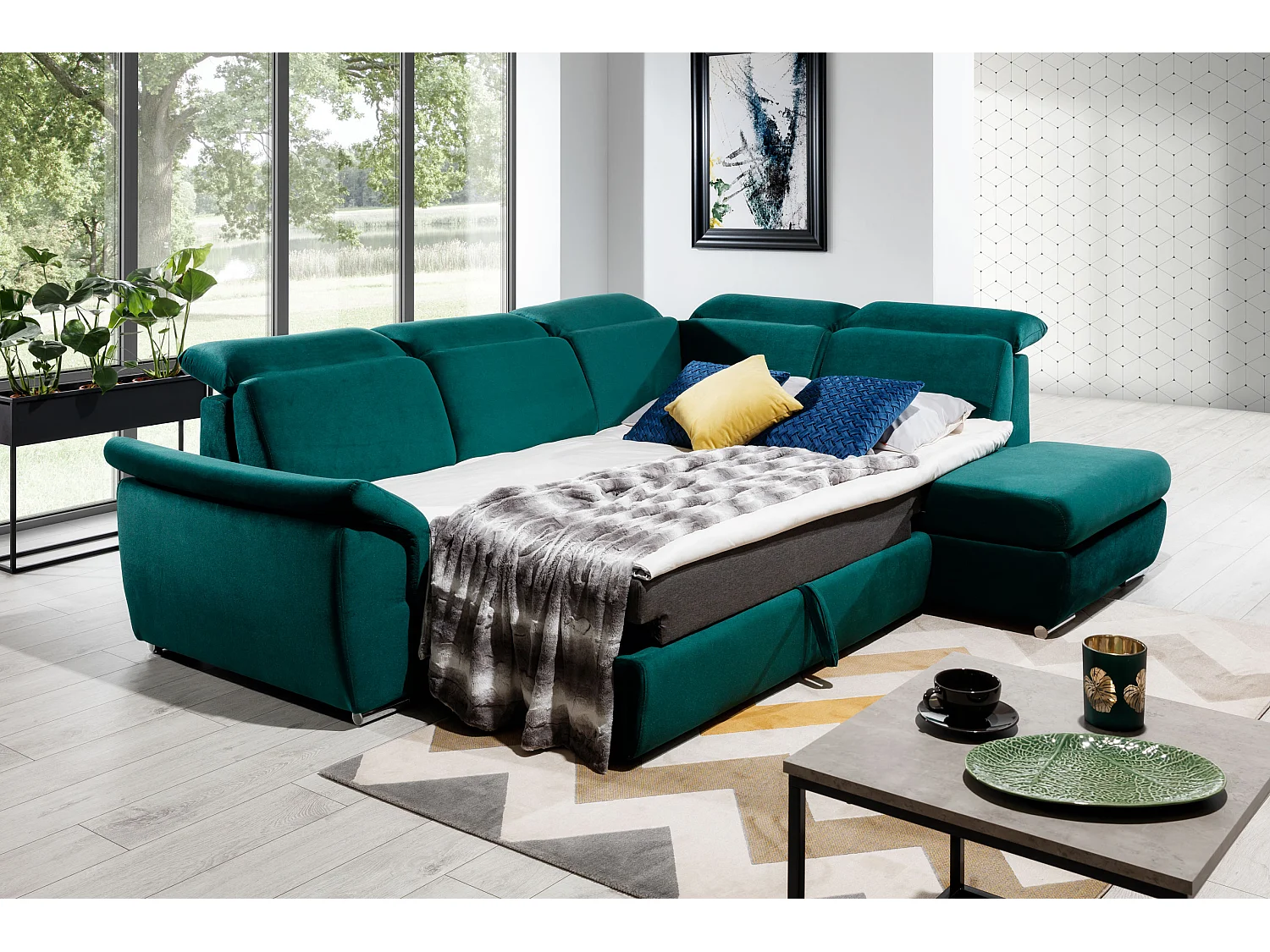 Canapé angle droit convertible tissu marron avec appuis-tête réglables Kepita 260cm