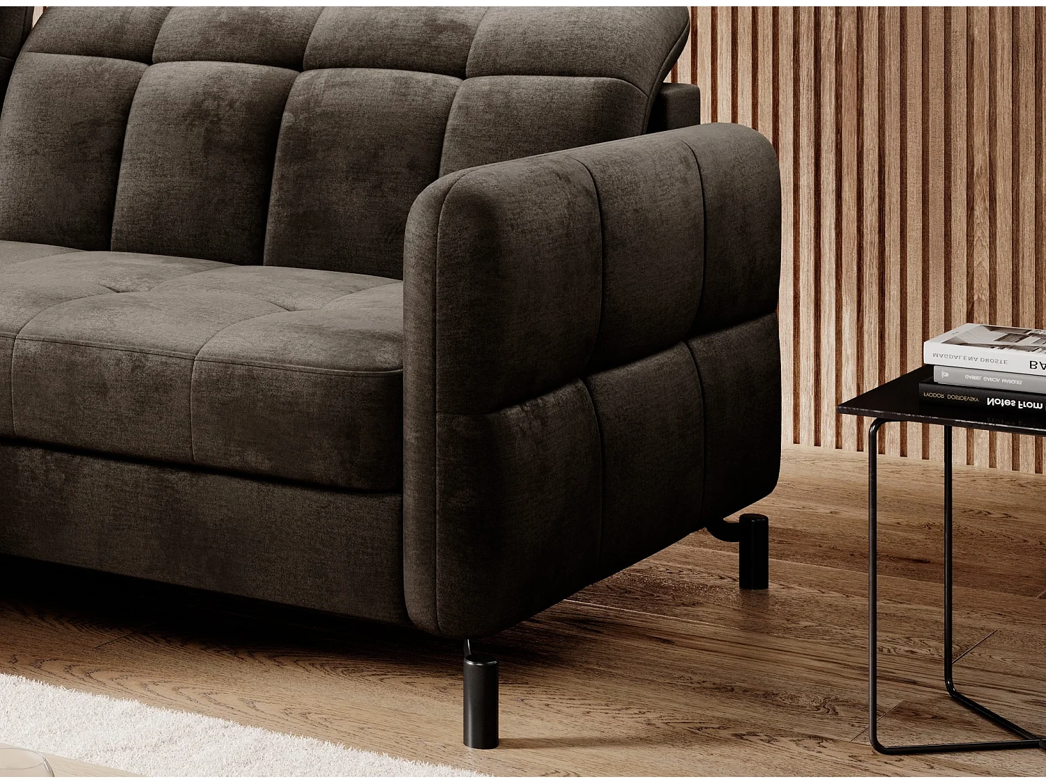 Chocolade gewatteerde fluwelen slaapbank links hoek Lory 225 cm