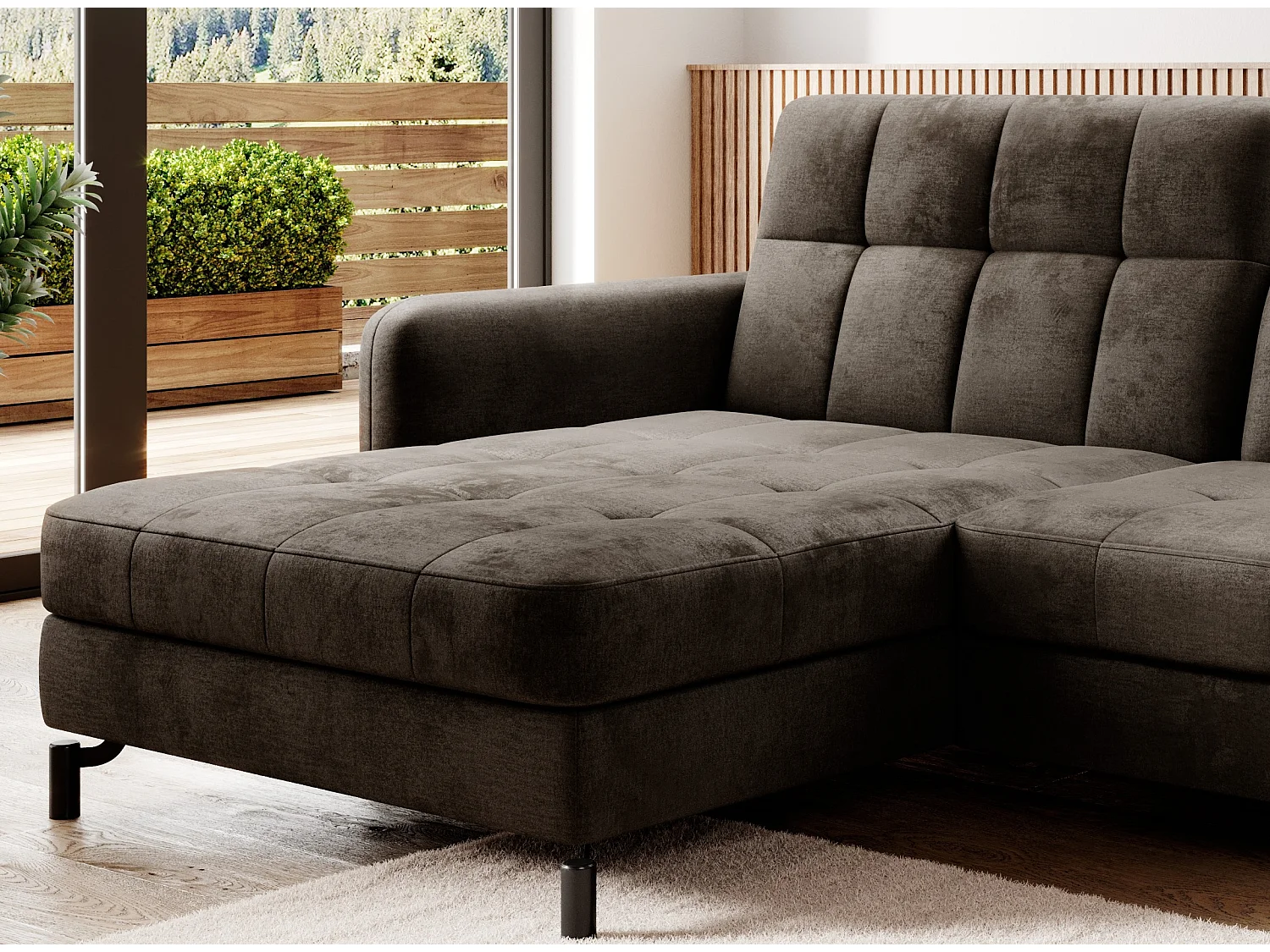 Chocolade gewatteerde fluwelen slaapbank links hoek Lory 225 cm