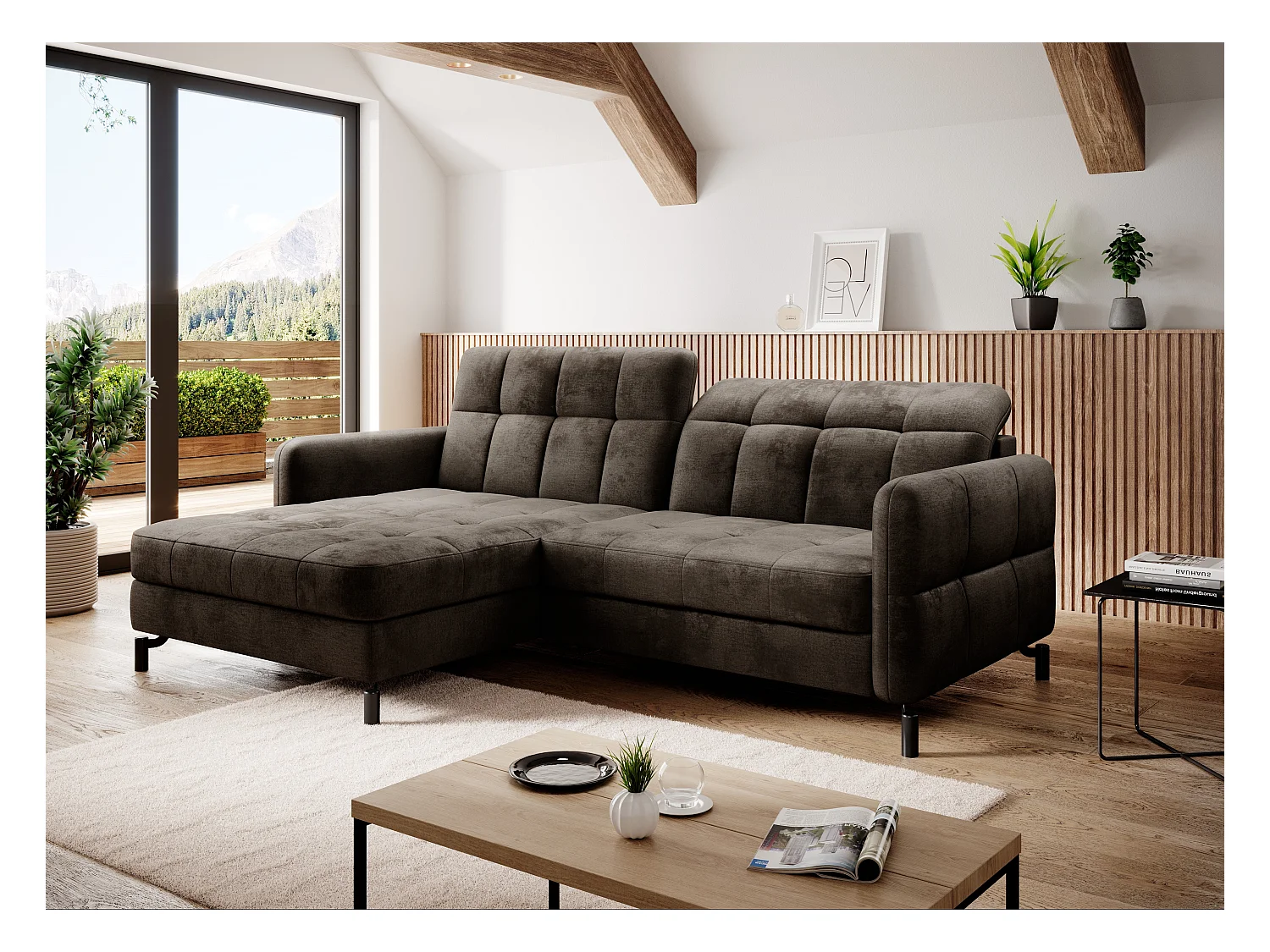 Canapé convertible velours matelassé chocolat angle gauche Lory 225cm