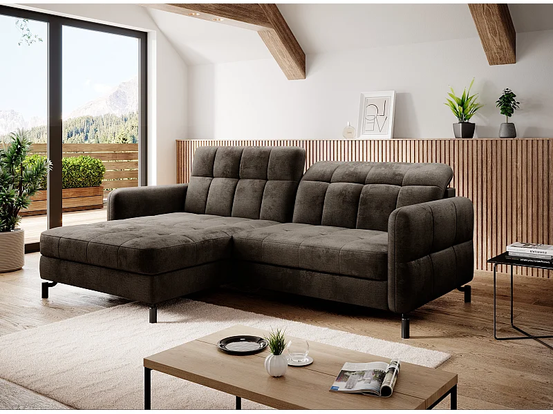 Canapé convertible velours matelassé chocolat angle gauche Lory 225cm