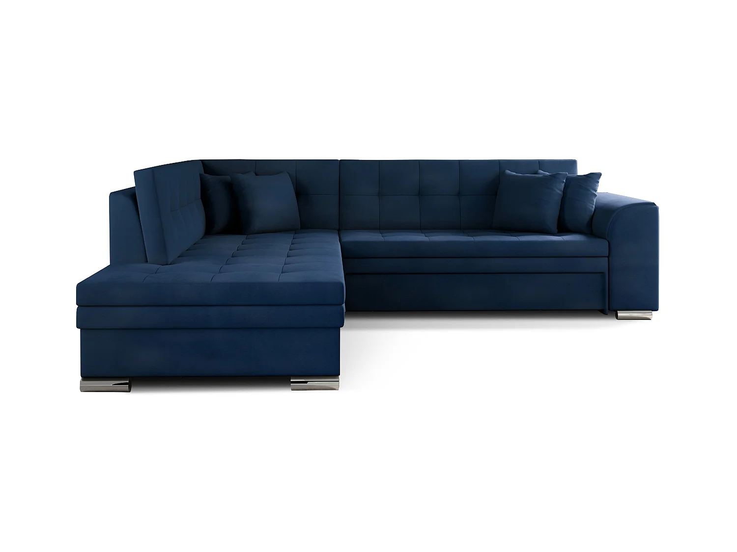 Canapé convertible angle gauche velours bleu marine et chromé Pika 260cm