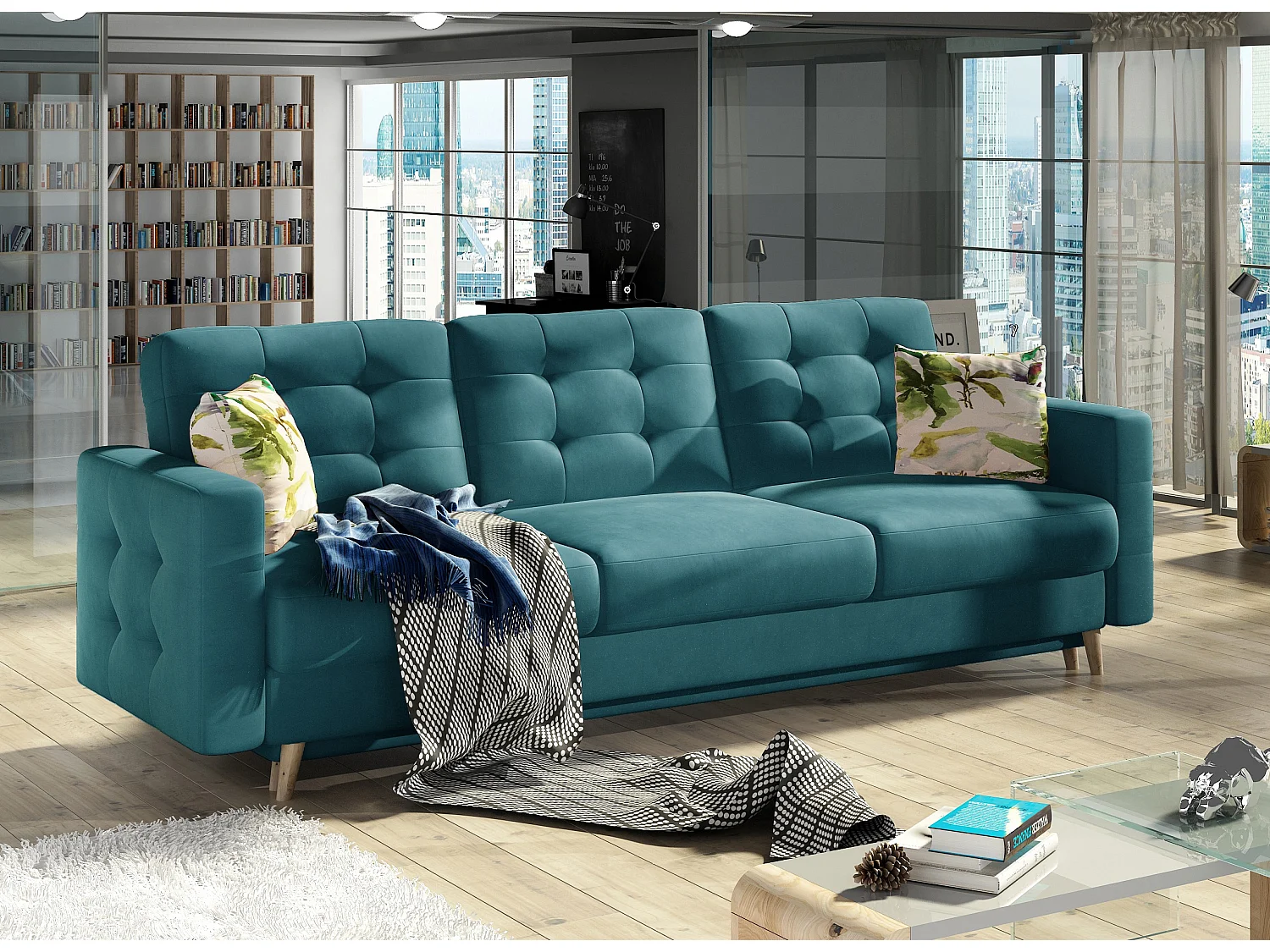 Canapé 3 places convertible matelassé velours bleu canard Anska 235cm