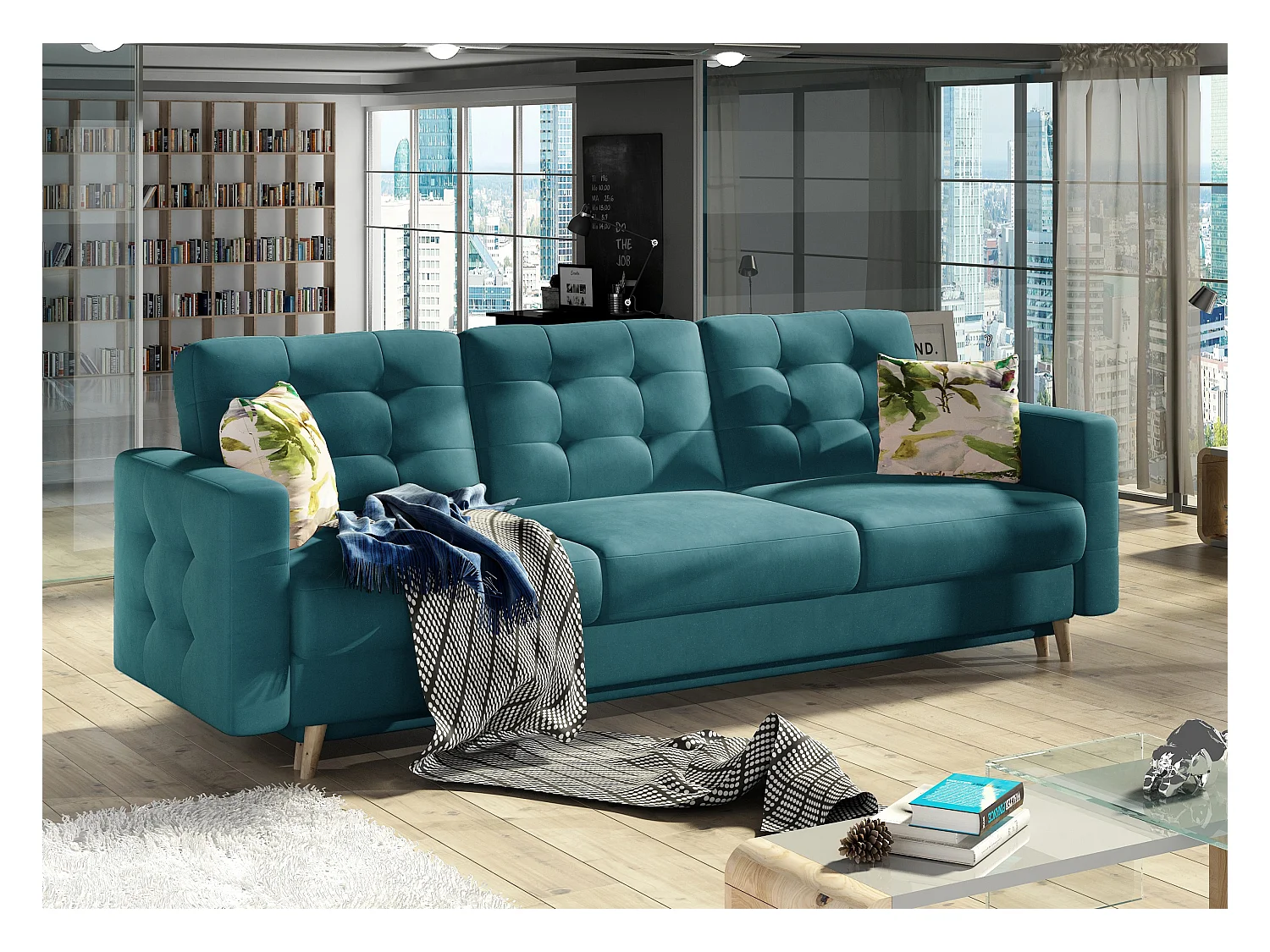 Canapé 3 places convertible matelassé velours bleu canard Anska 235cm