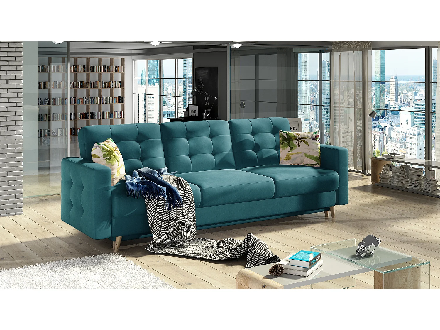 Canapé 3 places convertible matelassé velours bleu canard Anska 235cm