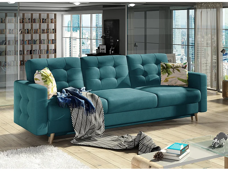 Anska eend blauw fluwelen gewatteerde 3-zits slaapbank 235 cm