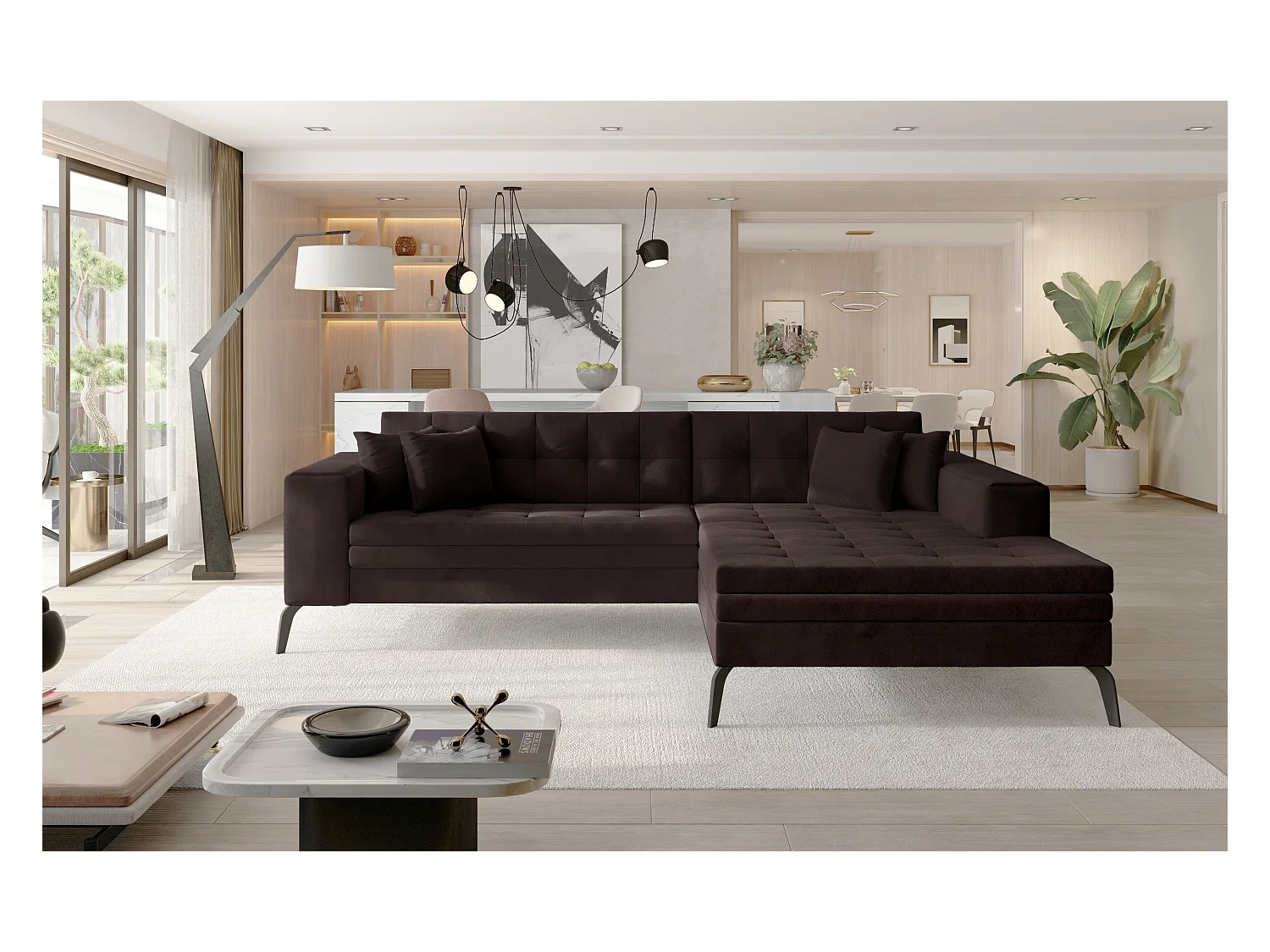 Gestoffeerde slaapbank haaks bruin fluweel en zwart metalen poten Lazor 295 cm