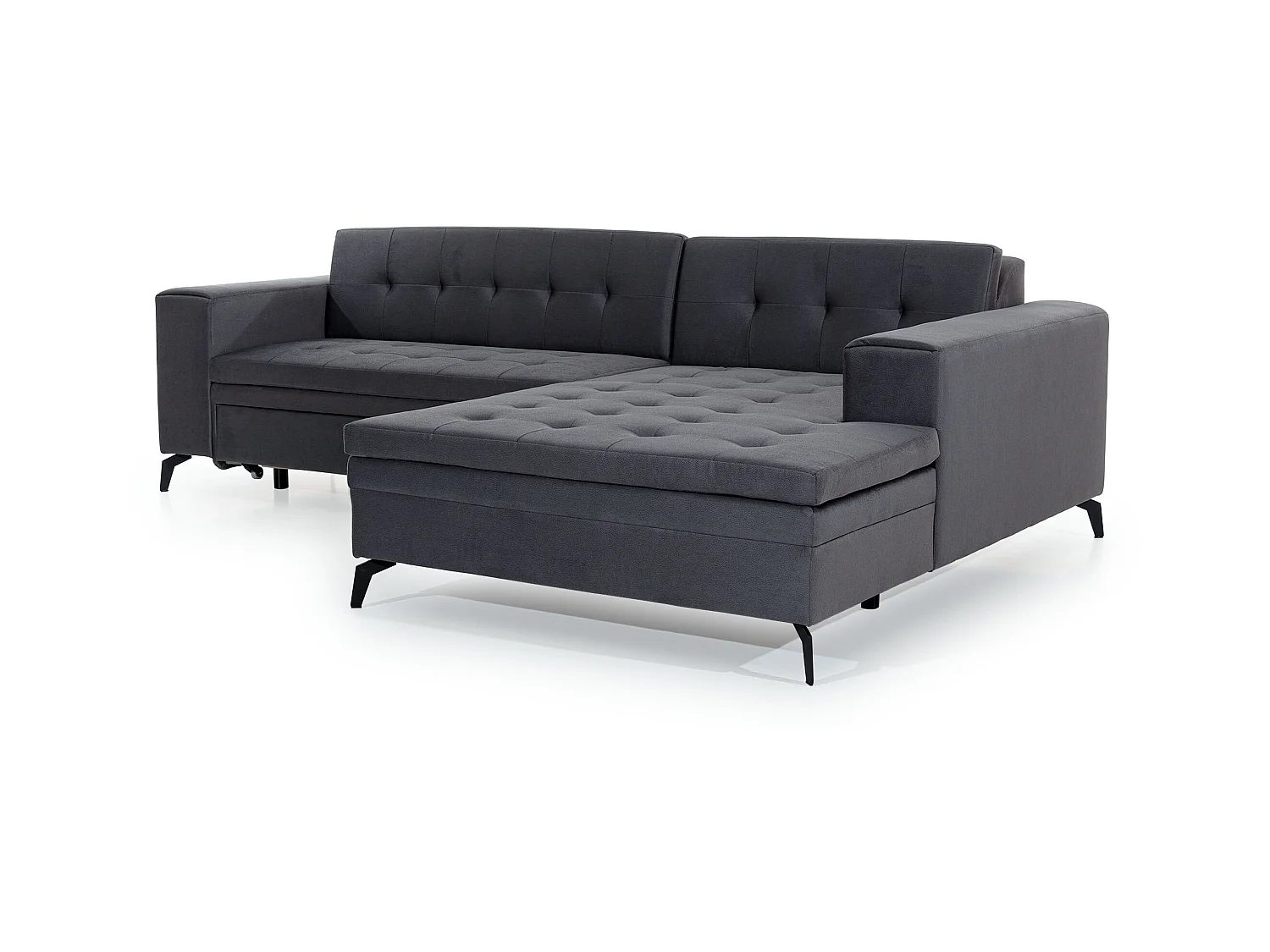 Gestoffeerde slaapbank haaks bruin fluweel en zwart metalen poten Lazor 295 cm