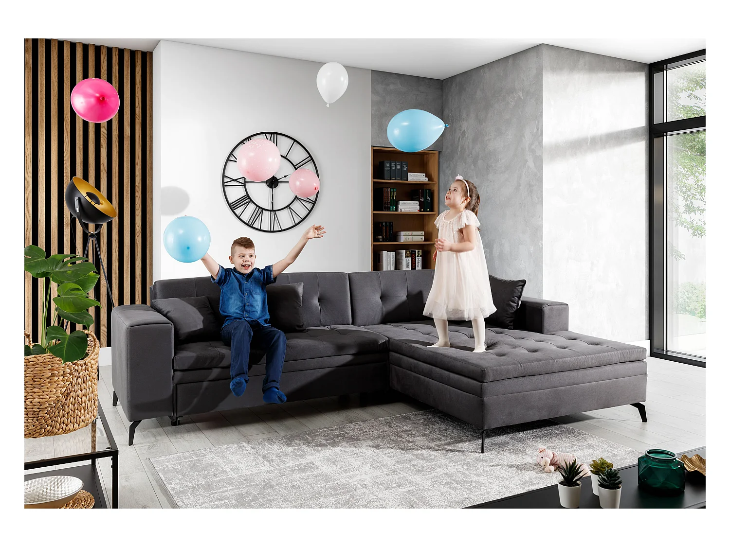 Gestoffeerde slaapbank haaks bruin fluweel en zwart metalen poten Lazor 295 cm