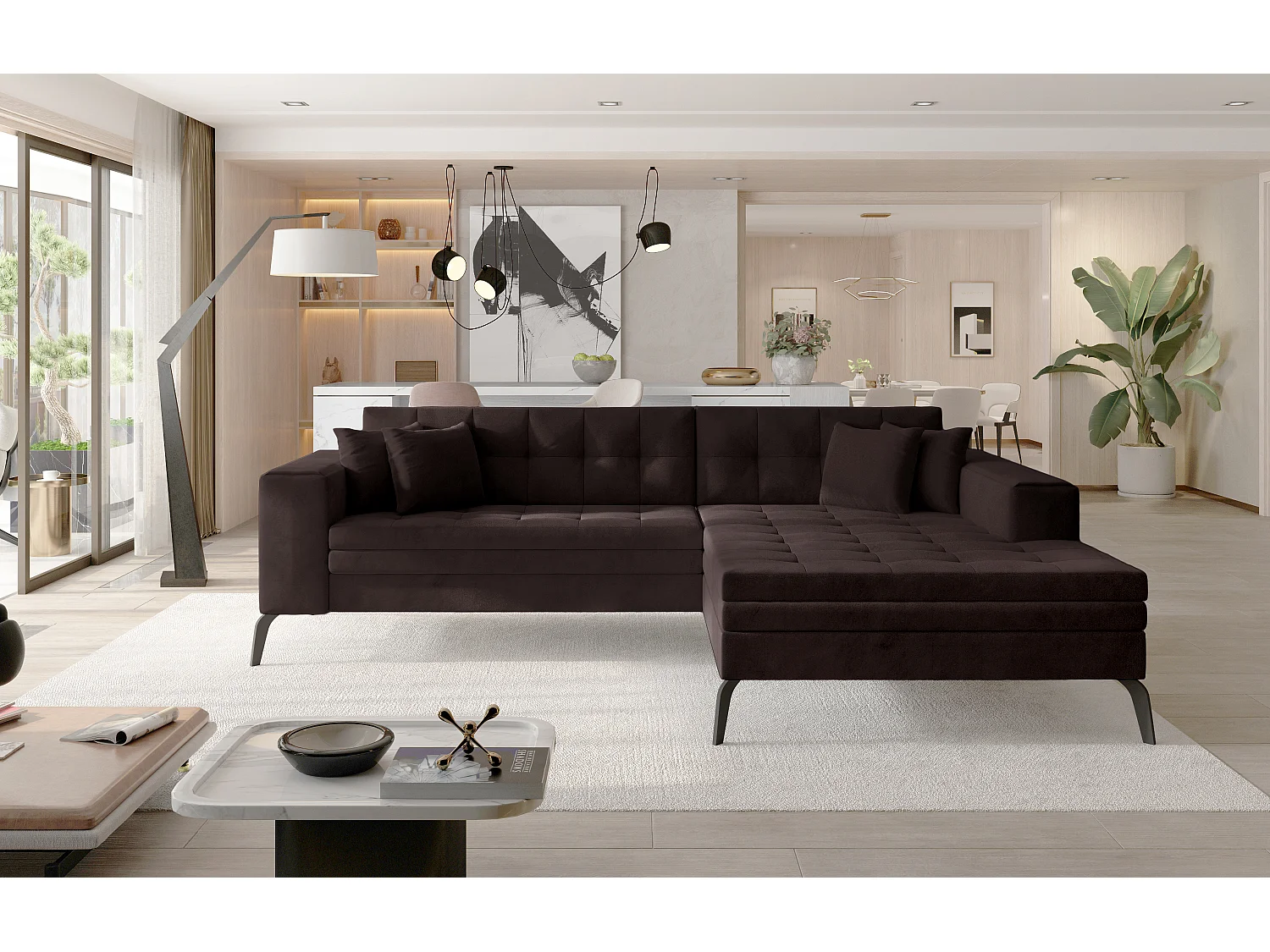 Canapé convertible capitonné angle droit velours marron et pieds métal noir Lazor 295cm