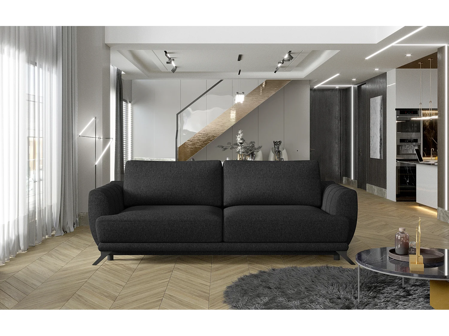 Canapé convertible 3-4 places tissu noir et pieds métal noir Zora 250cm