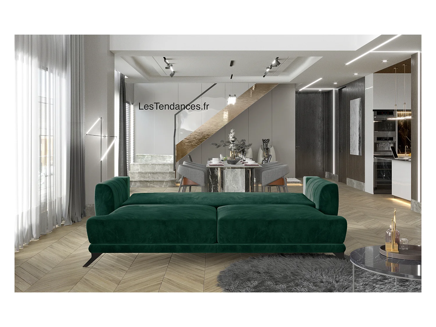 Canapé convertible 3-4 places tissu noir et pieds métal noir Zora 250cm