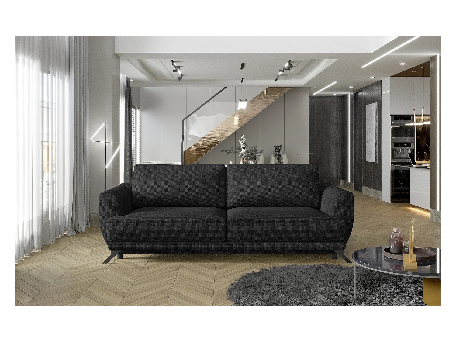 Canapé convertible 3-4 places tissu noir et pieds métal noir Zora 250cm