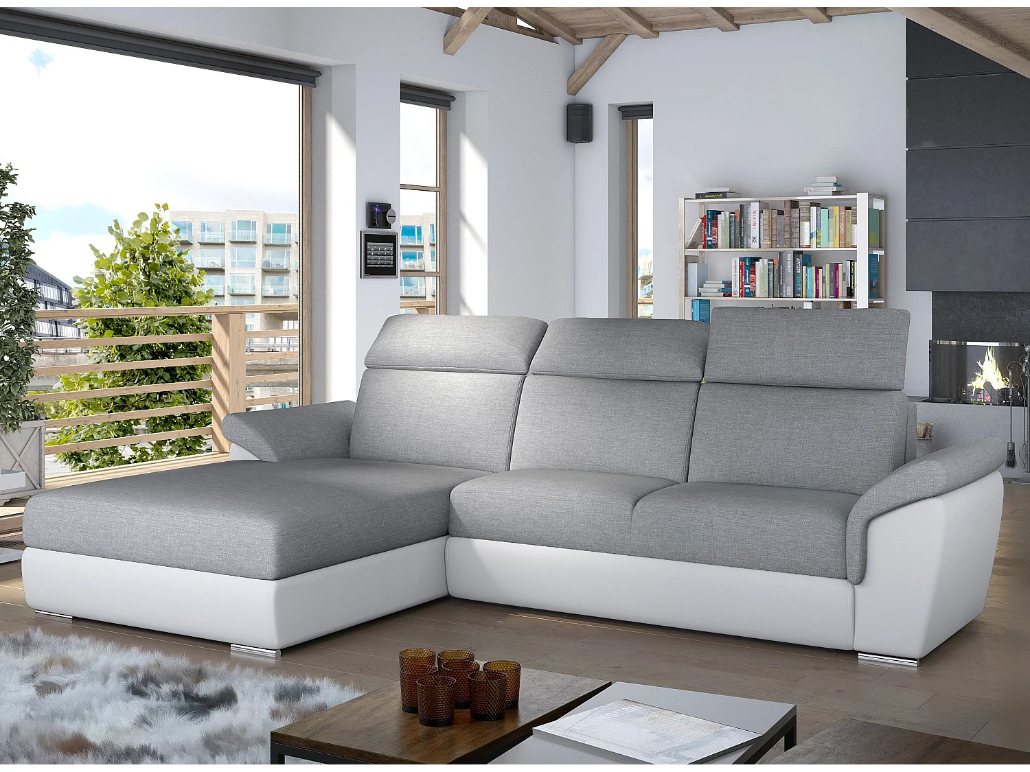 Canapé convertible d'angle gauche simili blanc et tissu gris clair Suzy 272cm