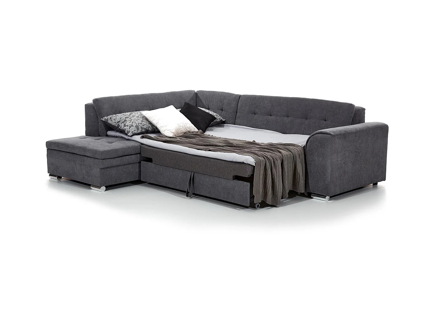 Canapé convertible angle gauche velours vert épinard et chromé Pika 260cm