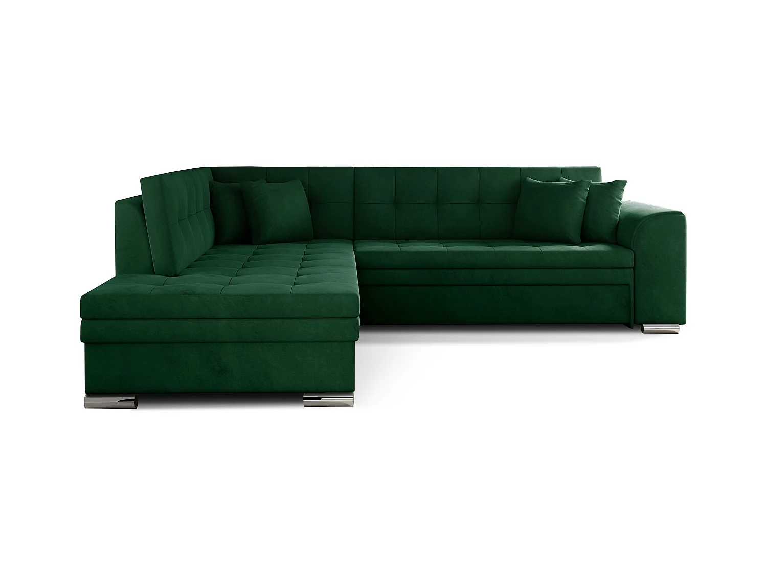 Canapé convertible angle gauche velours vert épinard et chromé Pika 260cm