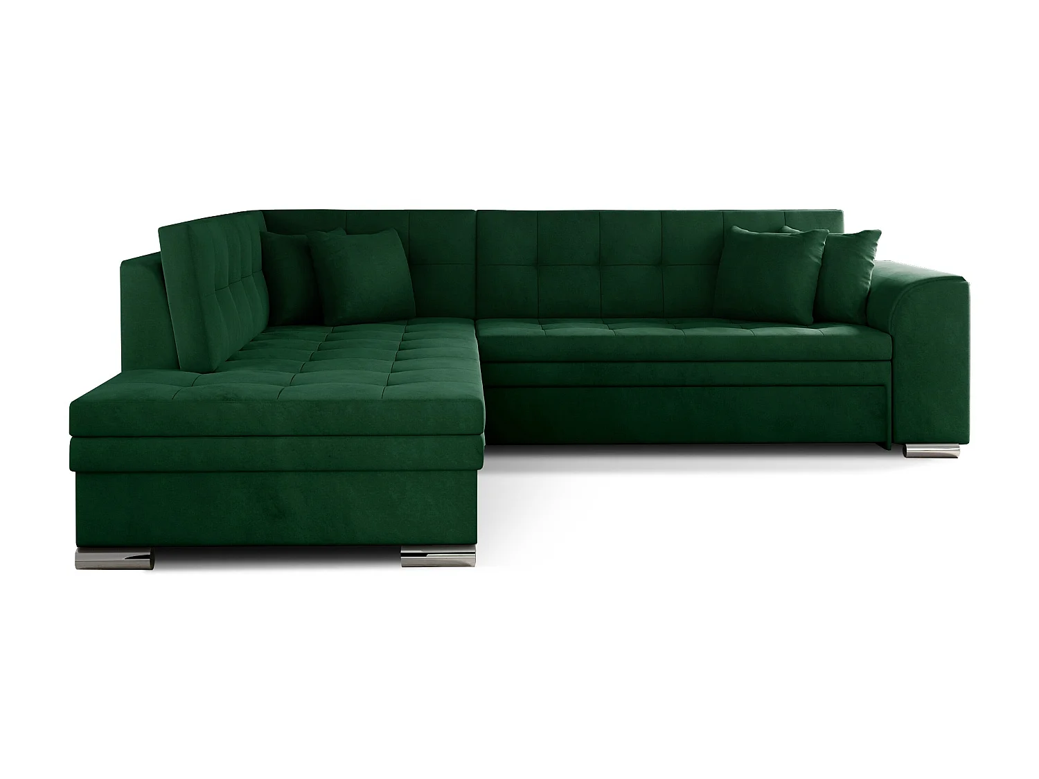 Canapé convertible angle gauche velours vert épinard et chromé Pika 260cm