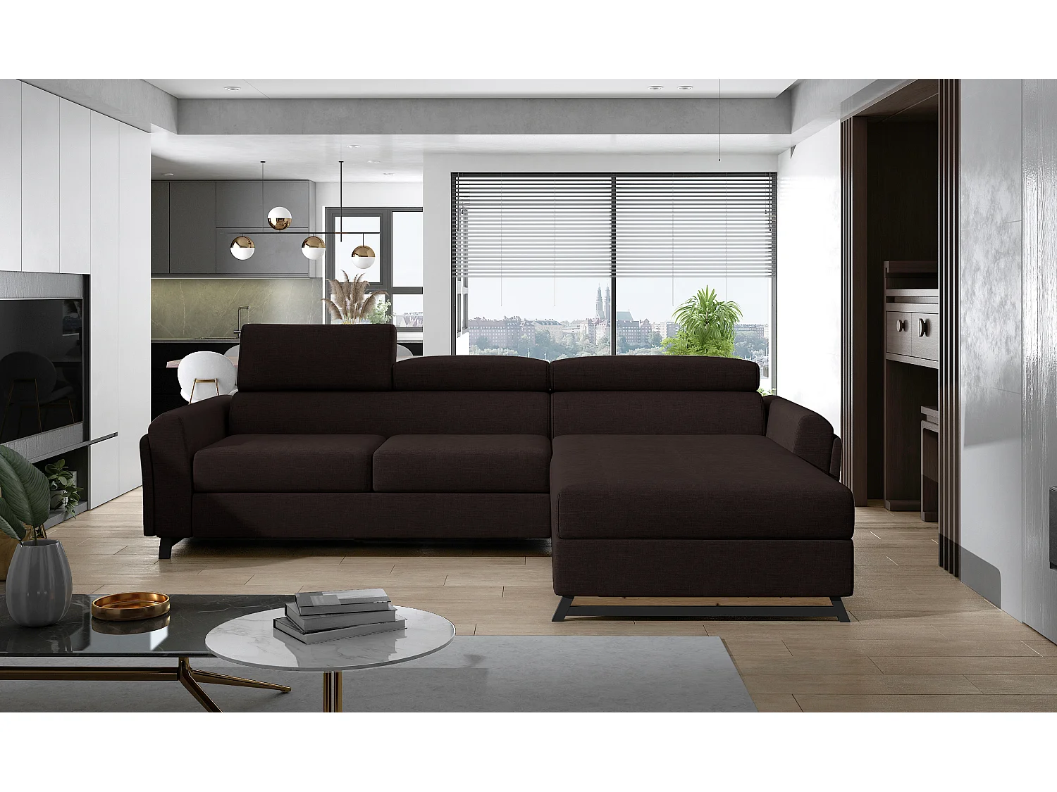 Canapé angle droit convertible tissu marron avec appuis-tête réglables Mazerali 300cm