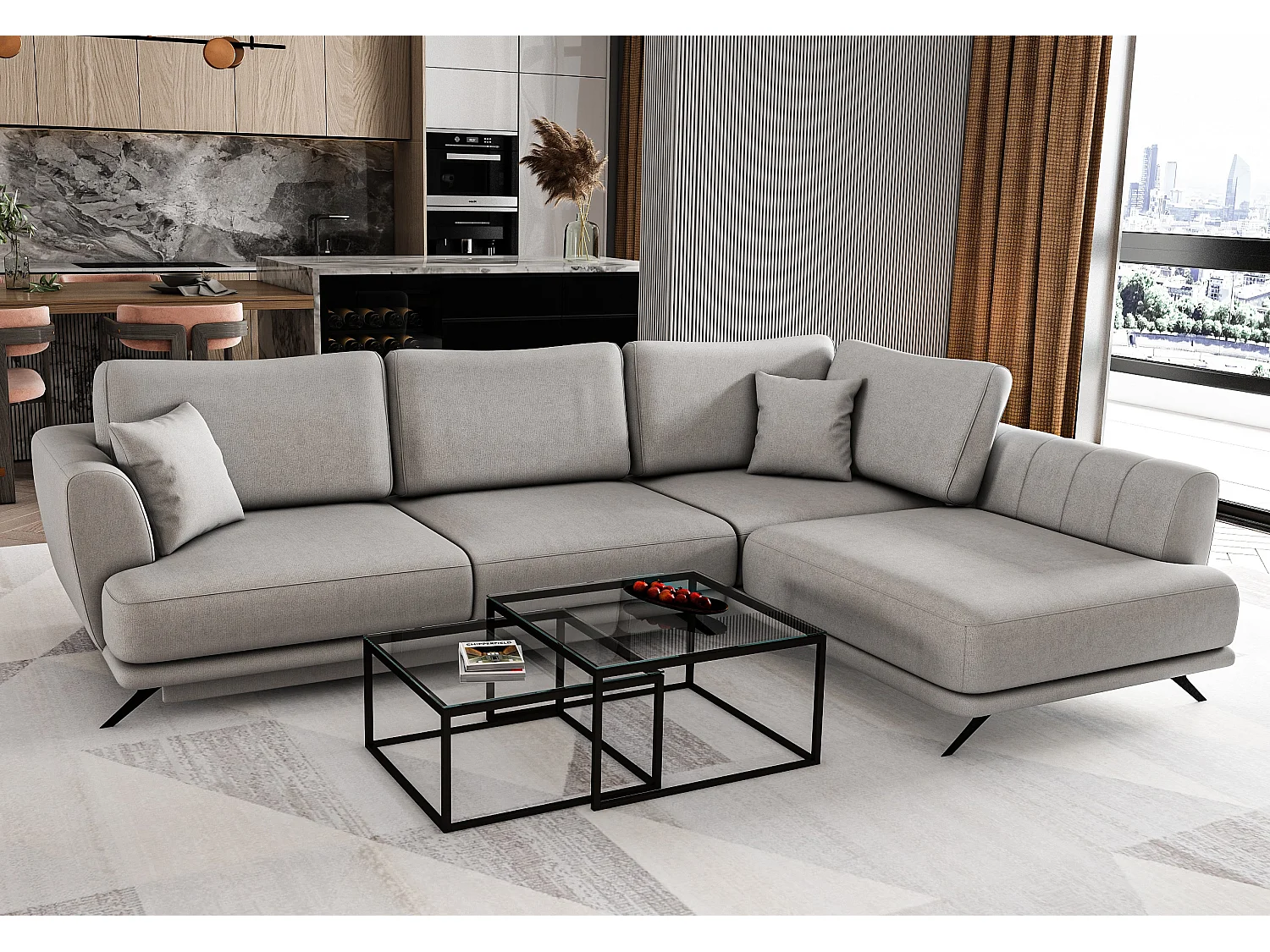 Converteerbare bank haaks grijsbeige stof Savary 280 cm