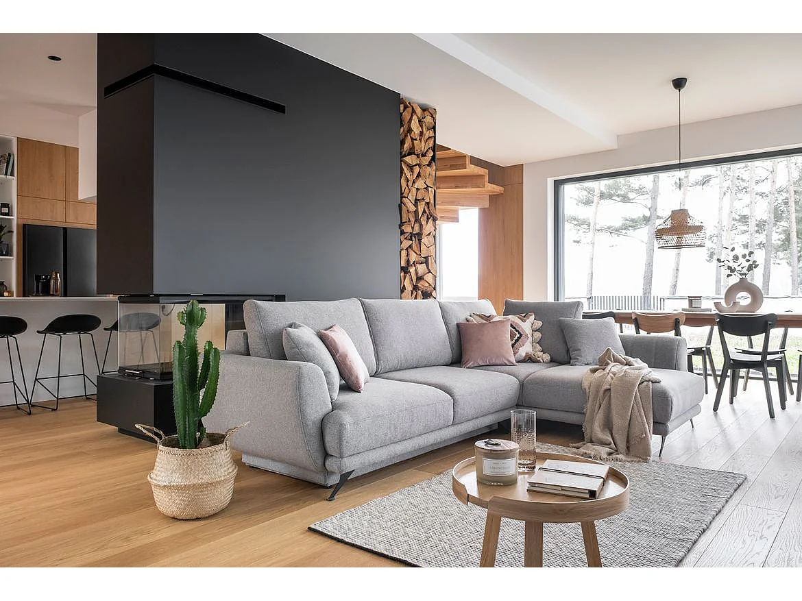 Converteerbare bank haaks grijsbeige stof Savary 280 cm