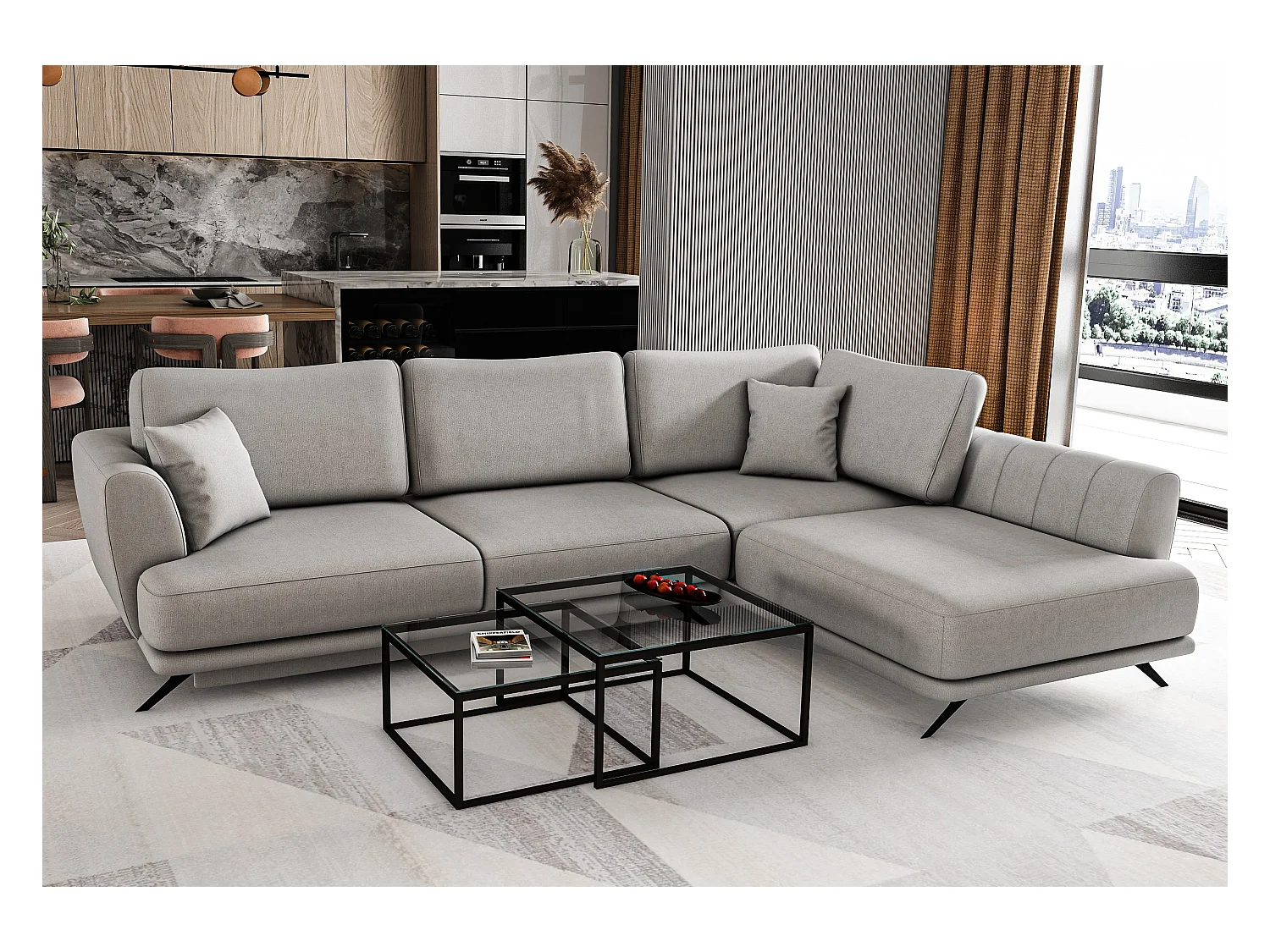 Canapé convertible angle droit tissu gris beige Savary 280cm