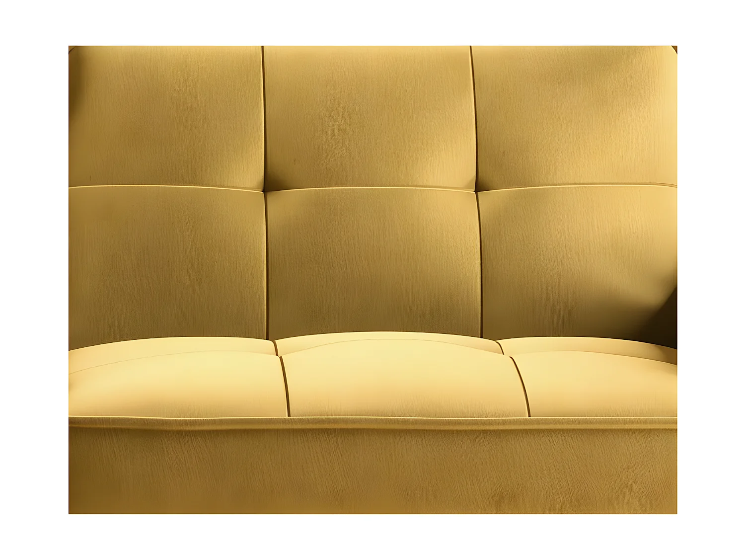 Canapé convertible 3 places velours jaune moutarde capitonné et pieds bois noir Bizza 220cm