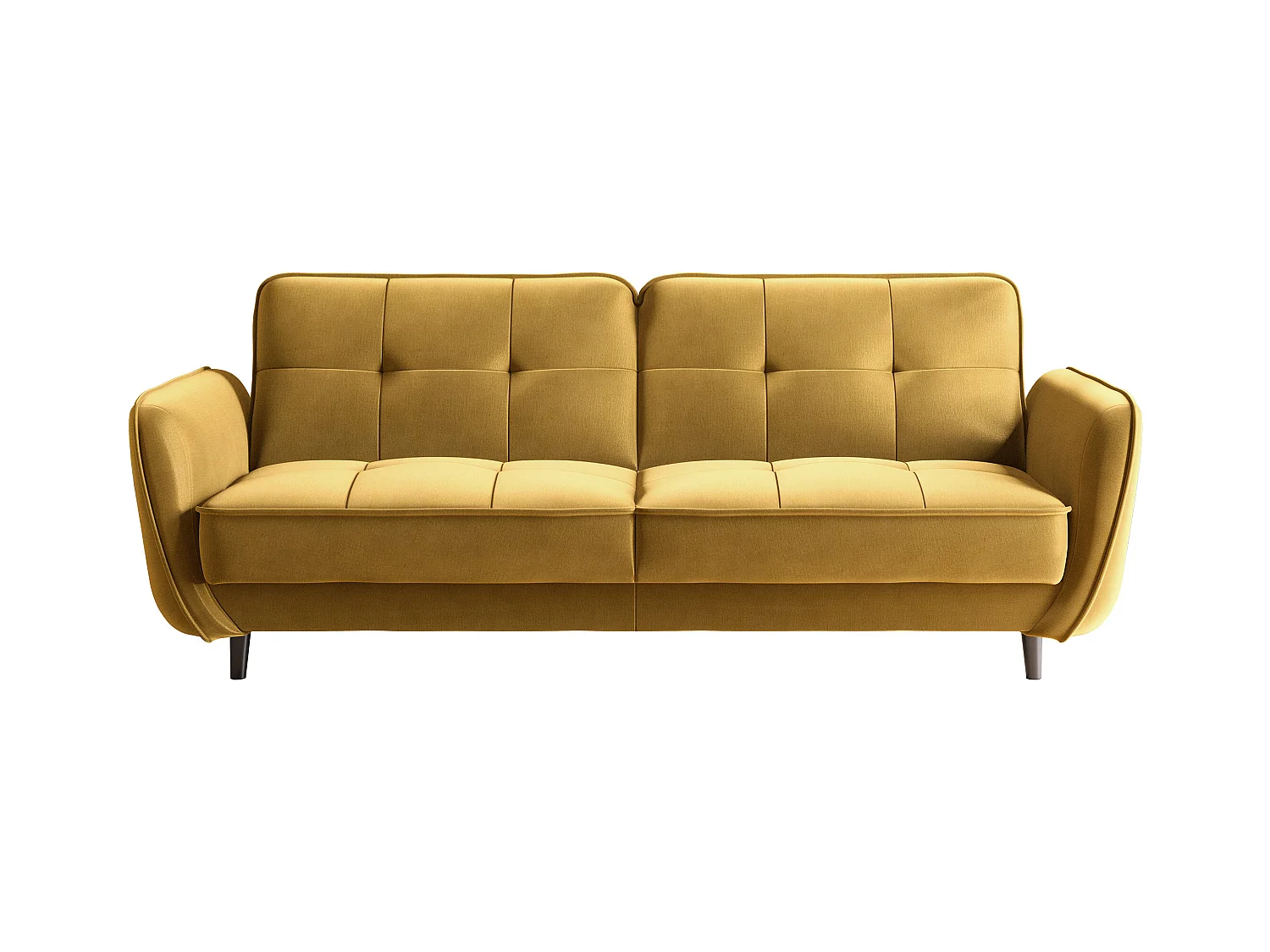 Canapé convertible 3 places velours jaune moutarde capitonné et pieds bois noir Bizza 220cm